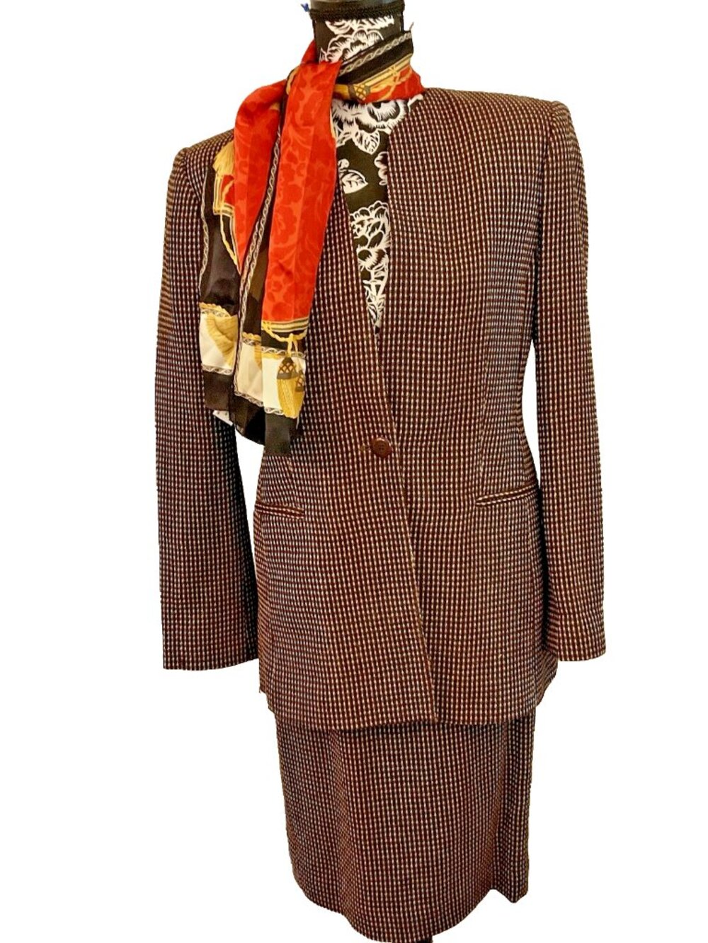 OSCAR DE LA RENTA Vintage Wool Tweed Jacket & Skirt Suit Set Sz 6 Brown Designer
